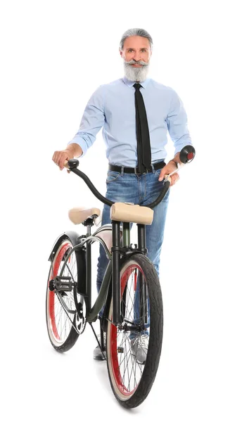 Retrato Homem Maduro Bonito Com Bicicleta Fundo Branco — Fotografia de Stock