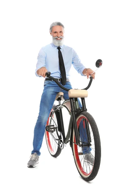 Beyaz Arka Plan Üzerinde Bisiklet Ile Yakışıklı Olgun Adam Portresi — Stok fotoğraf