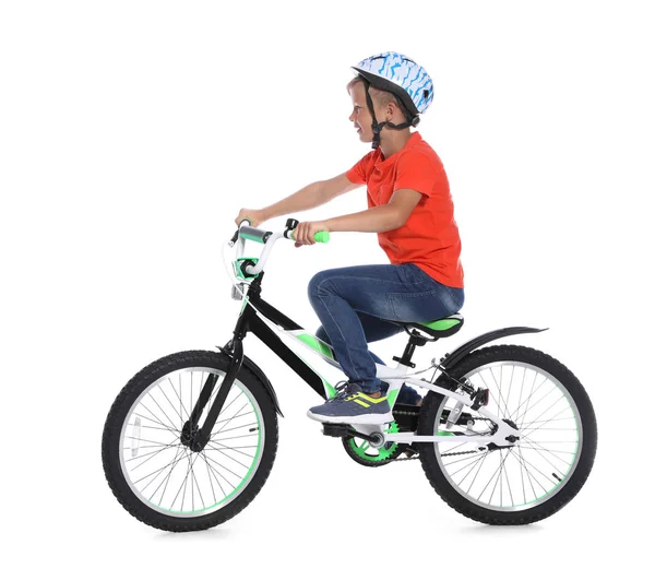 Beyaz Arka Plan Üzerinde Bisiklet Ile Şirin Küçük Çocuk Portresi — Stok fotoğraf