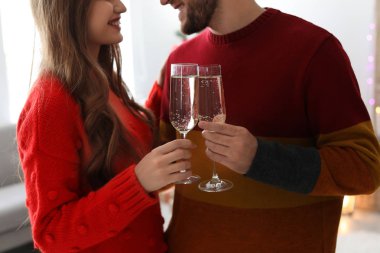 Bardak şampanya kutlama Noel evde mutlu genç çift