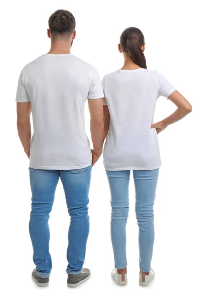 Pareja Joven Camisetas Sobre Fondo Blanco Burla Para Diseño — Foto de Stock