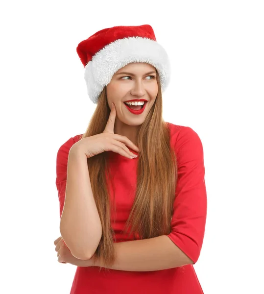 Noel Baba Şapkası Beyaz Arka Plan Üzerinde Genç Güzel Kadın — Stok fotoğraf