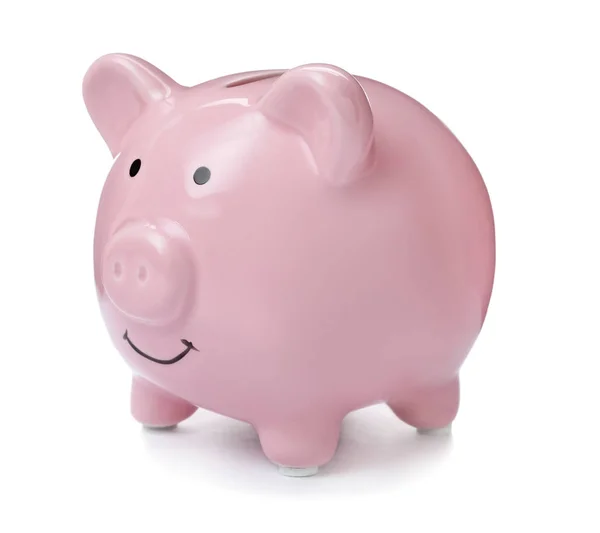 Piggy Bank Cor Rosa Fundo Branco Poupança — Fotografia de Stock