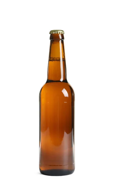 Fles Lekker Koud Biertje Witte Achtergrond — Stockfoto