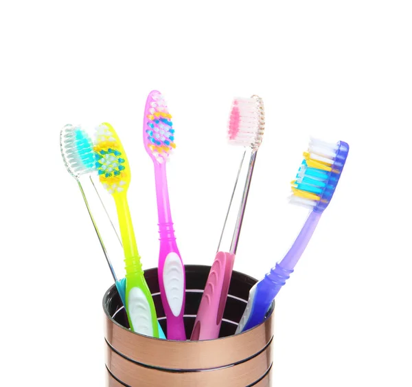 Cup Different Toothbrushes White Background Dental Care — Stock Photo, Image