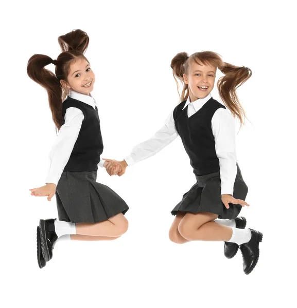 Kleine Mädchen Stilvoller Schuluniform Auf Weißem Hintergrund — Stockfoto