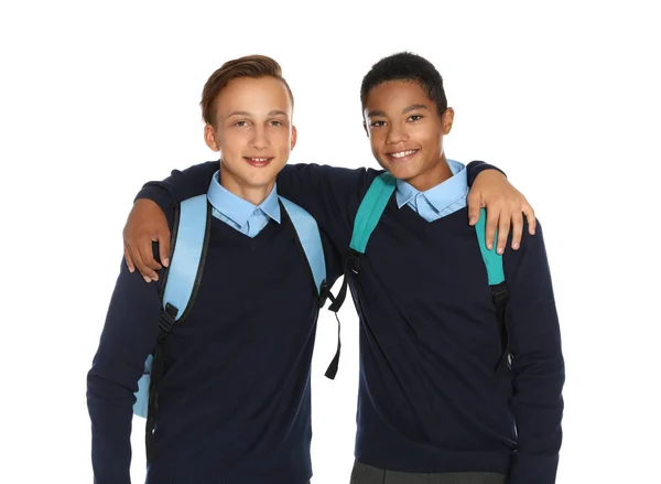 Tonåringar Eleganta Skoluniform Vit Bakgrund — Stockfoto