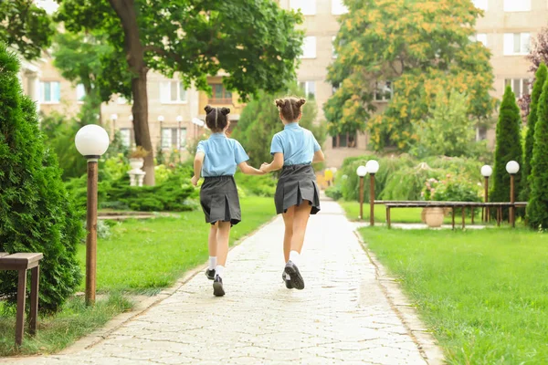 Little Girls Stylish School Uniform Outdoors — Stock Photo, Image