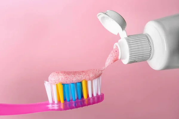 Applying Paste Toothbrush Color Background Closeup — Stock Photo, Image