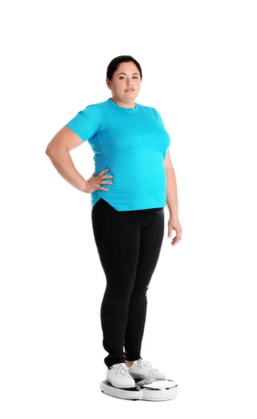 Overweight Woman Sportswear Using Scales White Background — Stock Photo, Image