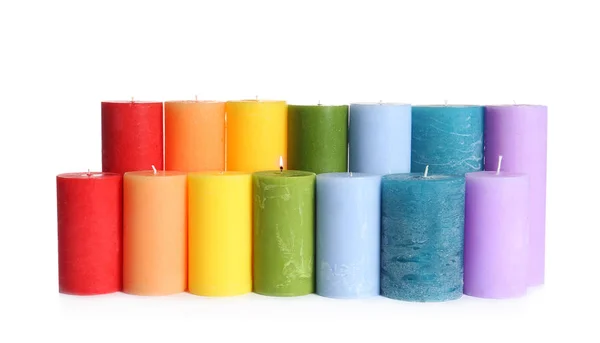 Different Colorful Wax Candles White Background — Stock Photo, Image