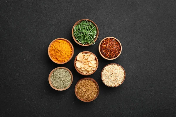 Flat Lay Composition Different Aromatic Spices Dark Background — Stock Photo, Image