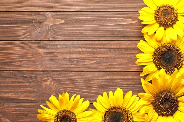 stock image Beautiful bright sunflowers on wooden background, top view