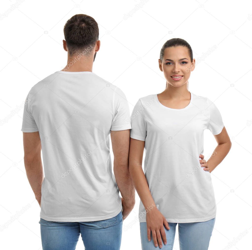Young couple in t-shirts on white background. Mockup for design