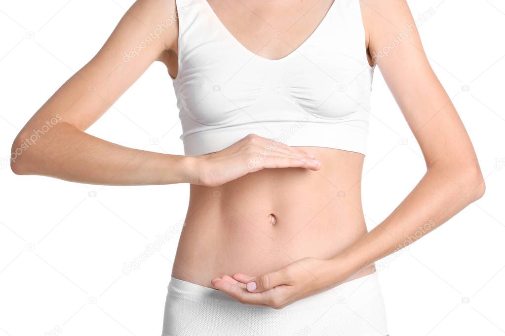 Young woman showing protective gesture on white background. Gynecology concept
