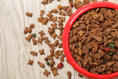 Kedi ya da köpek ahşap arka plan üzerinde için gıda ile top. Evde beslenen hayvan kaygı