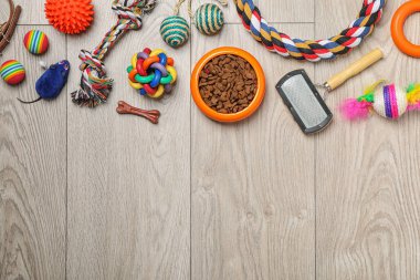 Kedi veya köpek ve aksesuar ahşap arka plan üzerinde gıda ile top. Evde beslenen hayvan kaygı