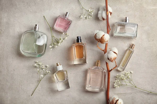 Hermosa Composición Con Botellas Perfume Sobre Fondo Claro Plano —  Fotos de Stock