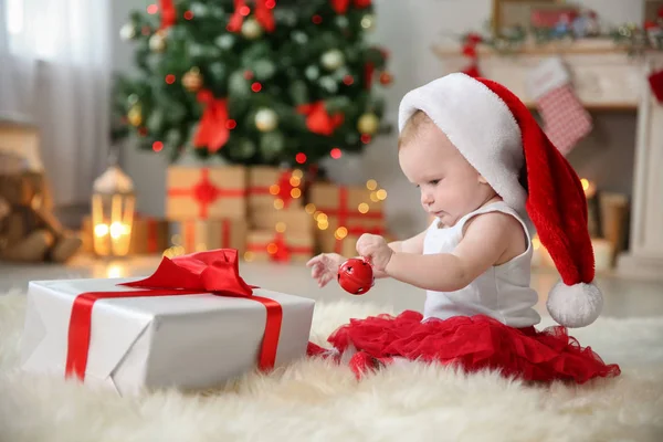 Cute Baby Santa Hat Playing Jingle Bell Home Christmas Celebration — Stock Photo, Image