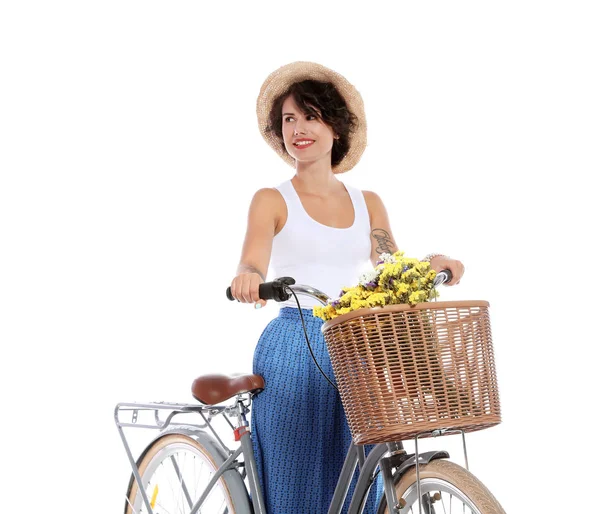 Portrait Belle Jeune Femme Avec Vélo Sur Fond Blanc — Photo