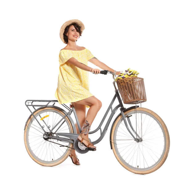 Retrato Bela Jovem Com Bicicleta Fundo Branco — Fotografia de Stock