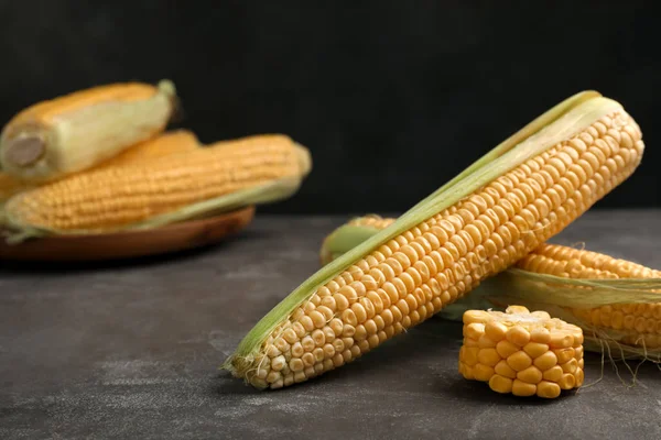 Tasty Ripe Corn Cobs Grey Table — Stock Photo, Image