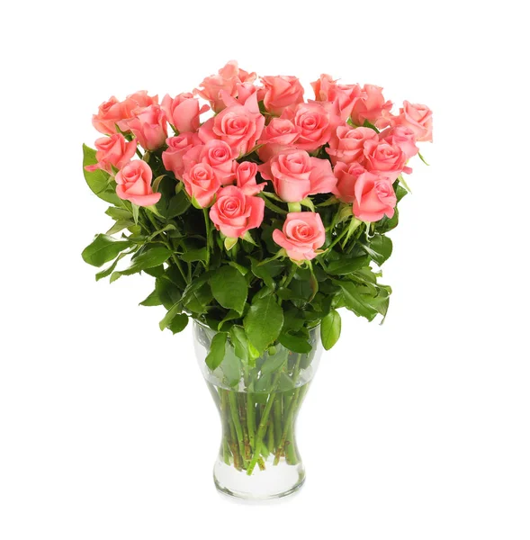 Vaso Com Belas Flores Rosa Fundo Branco — Fotografia de Stock