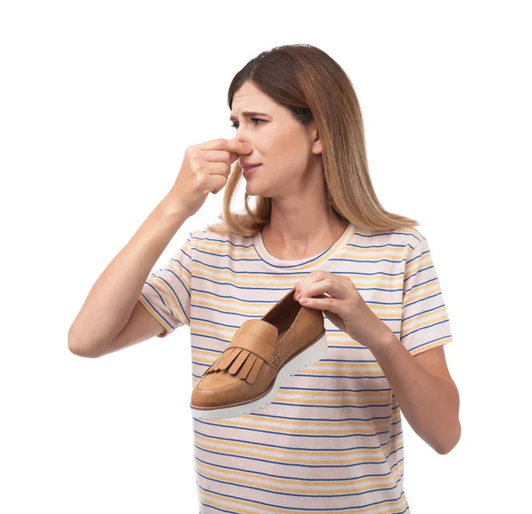 Женщина Плохо Пахнет Обуви Белом Фоне Освежитель Воздуха — стоковое фото
