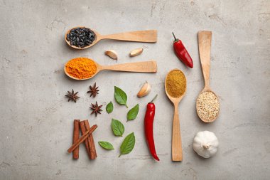Gri zemin üzerine tahta kaşıklar içinde farklı Aromatik baharatlar ile düz yatıyordu kompozisyon