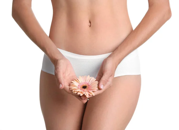Young Woman Gerbera Flower White Background Gynecology Concept — Stock Photo, Image