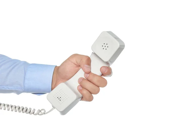 Mann Hält Telefonhörer Auf Weißem Hintergrund — Stockfoto