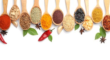 Beyaz arka planda ahşap kaşıklarda farklı aromatik baharatlar içeren kompozisyon