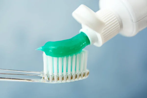 Squeezing Toothpaste Brush Color Background Closeup — Stock Photo, Image