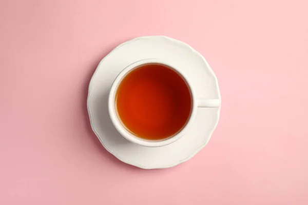 Xícara Chá Delicioso Com Pires Fundo Cor Vista Superior — Fotografia de Stock