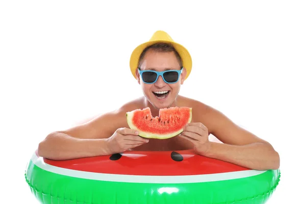 Shirtless Man Inflatable Ring Watermelon White Background — Stock Photo, Image