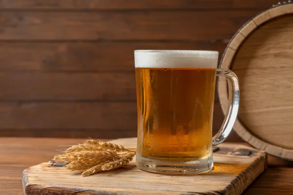Glass Mug Cold Tasty Beer Malt Wooden Table — Stock Photo, Image