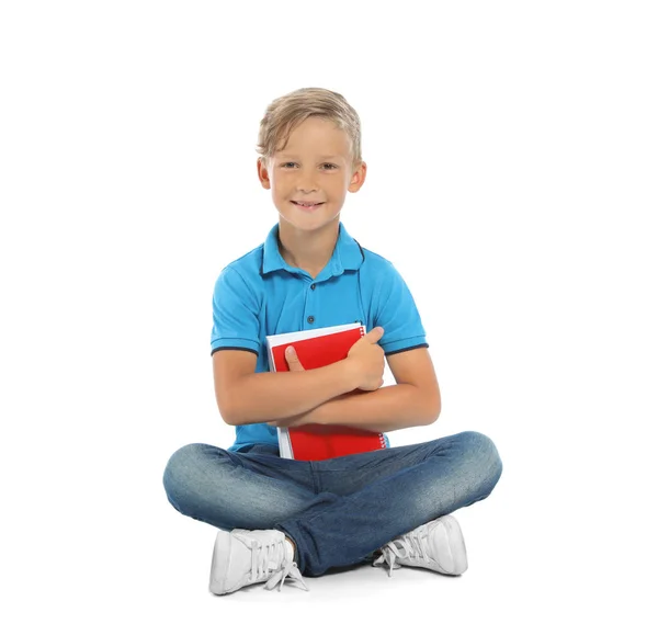 Petit Enfant Avec Fournitures Scolaires Sur Fond Blanc — Photo