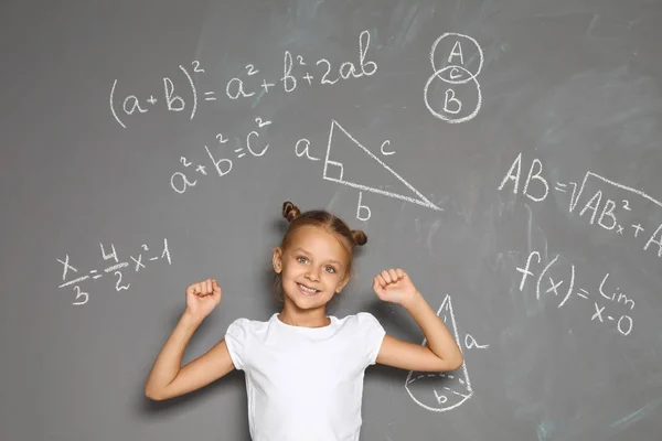 Little School Child Mathematical Formulas Grey Background — Stock Photo, Image