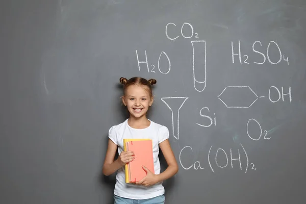 Little Child School Supplies Chemical Formulas Grey Background — Stock Photo, Image