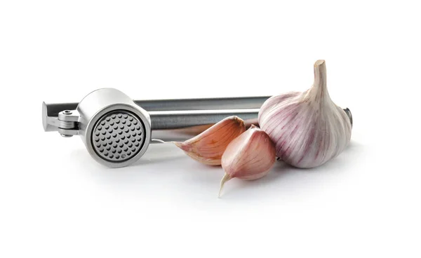 Garlic Press Cloves White Background Kitchen Utensil — Stock Photo, Image