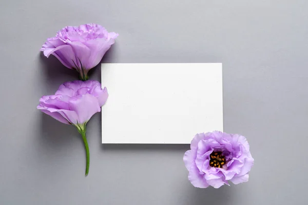 Hermosas Flores Eustoma Tarjeta Sobre Fondo Gris —  Fotos de Stock