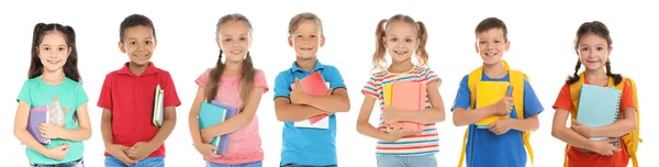 Schattig Schoolkinderen Met Briefpapier Witte Achtergrond — Stockfoto