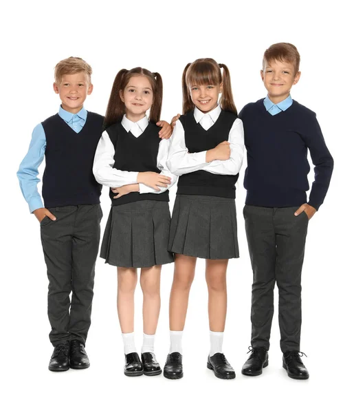 Pequenas Crianças Uniforme Escolar Elegante Fundo Branco — Fotografia de Stock
