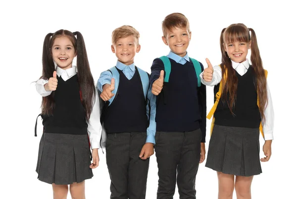 Små Barn Eleganta Skoluniform Vit Bakgrund — Stockfoto