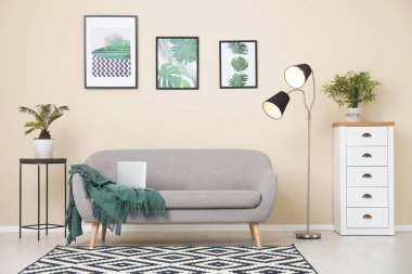 Şık ışık odası iç rahat gri kanepe ile