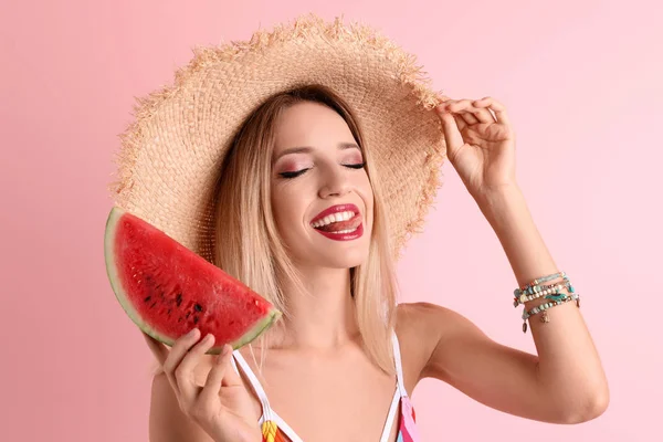 Pretty Young Woman Juicy Watermelon Color Background — Stock Photo, Image