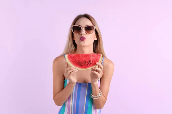 Pretty Young Woman Juicy Watermelon Color Background — Stock Photo, Image