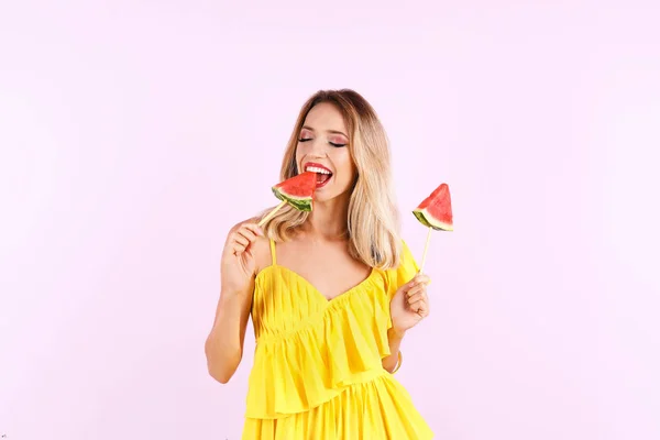 Pretty Young Woman Juicy Watermelon Color Background — Stock Photo, Image