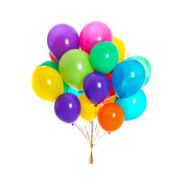Beyaz arka plan üzerinde renkli balonlar demet. Festival dekor