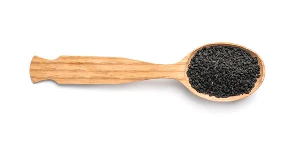 Kochlöffel Mit Schwarzem Sesam Auf Weißem Hintergrund Verschiedene Gewürze — Stockfoto